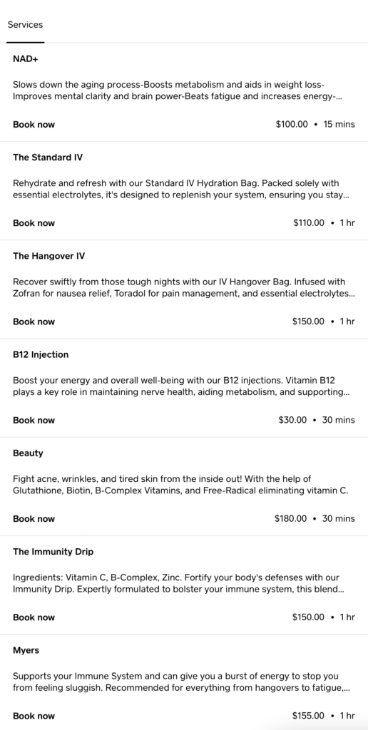 IV Hydration Service Mobile Menu